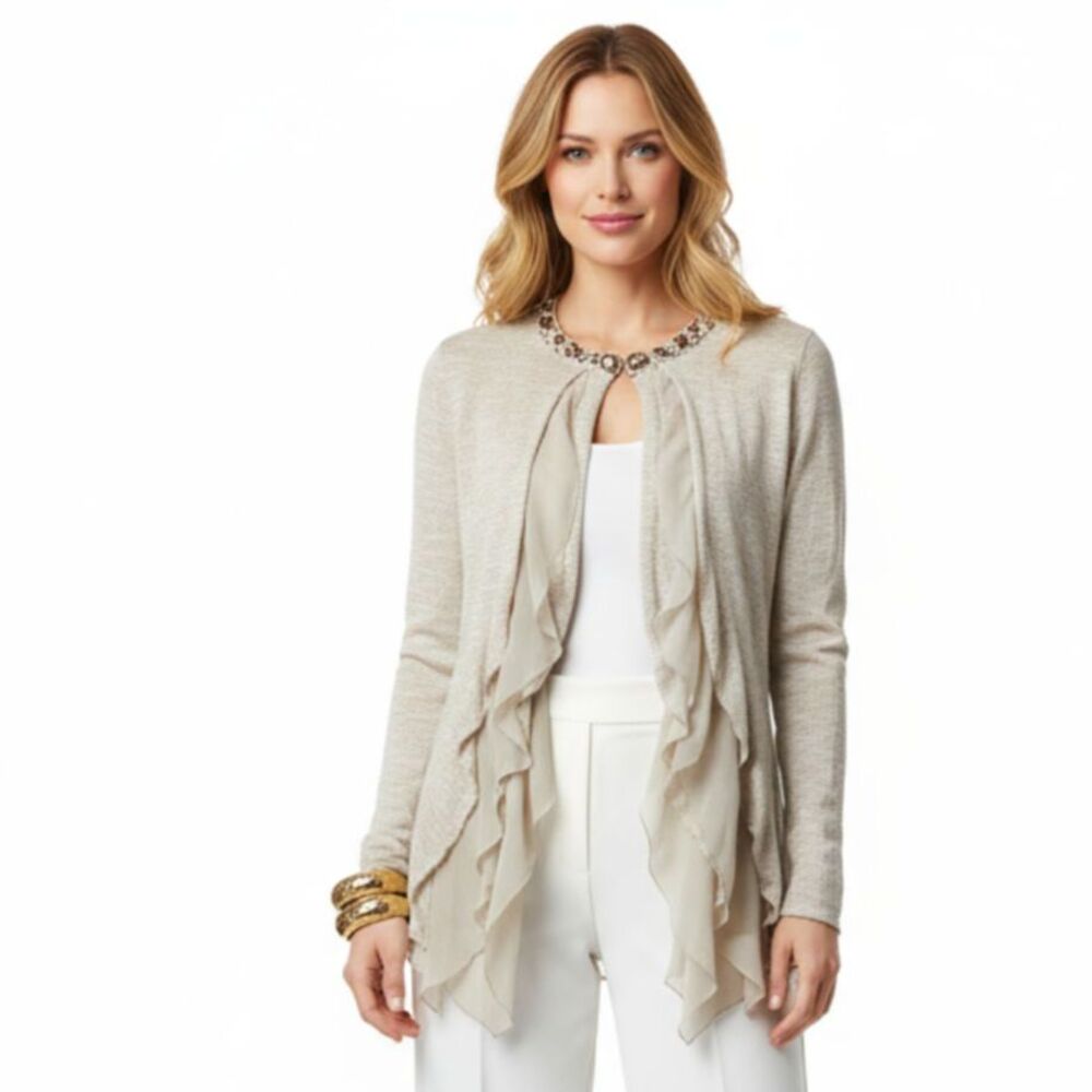 Lafayette 148 Drape Embellished Rhinestone Neck Ruffle Front Cardigan Sweater M